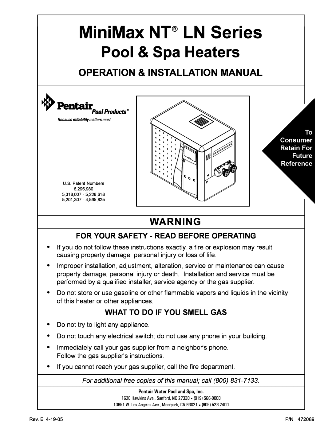 Pentair MiniMax NT LN installation manual Operation & Installation Manual, For Your Safety - Read Before Operating 