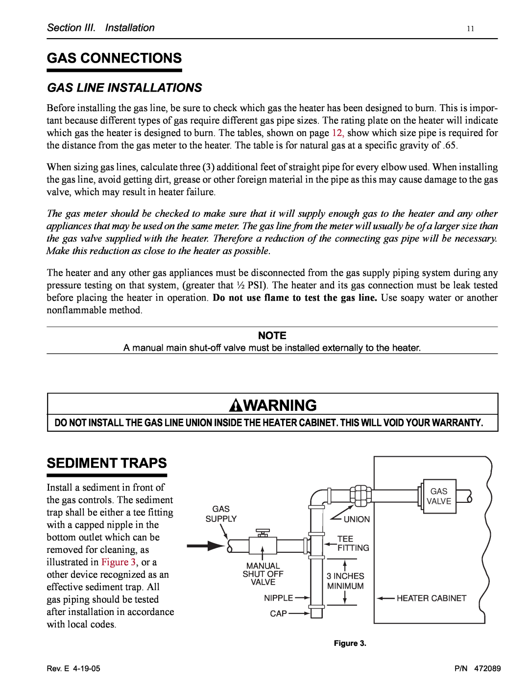 Pentair MiniMax NT LN installation manual Gas Connections, Sediment Traps, Gas Line Installations 