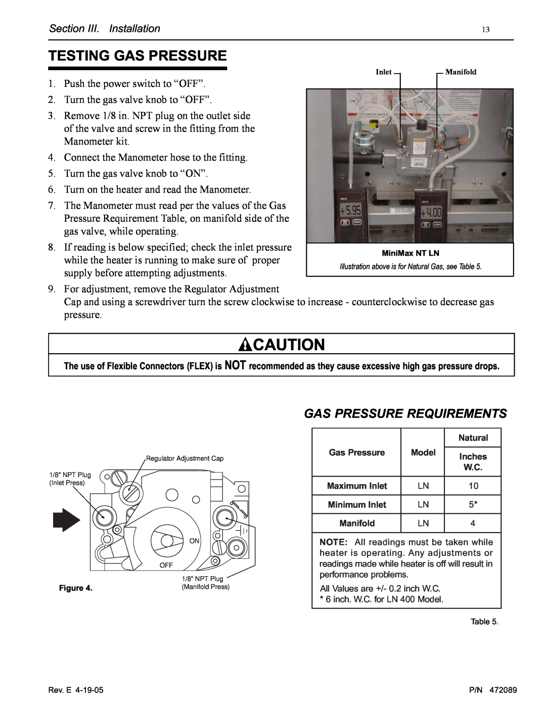 Pentair MiniMax NT LN installation manual Testing Gas Pressure, Gas Pressure Requirements 