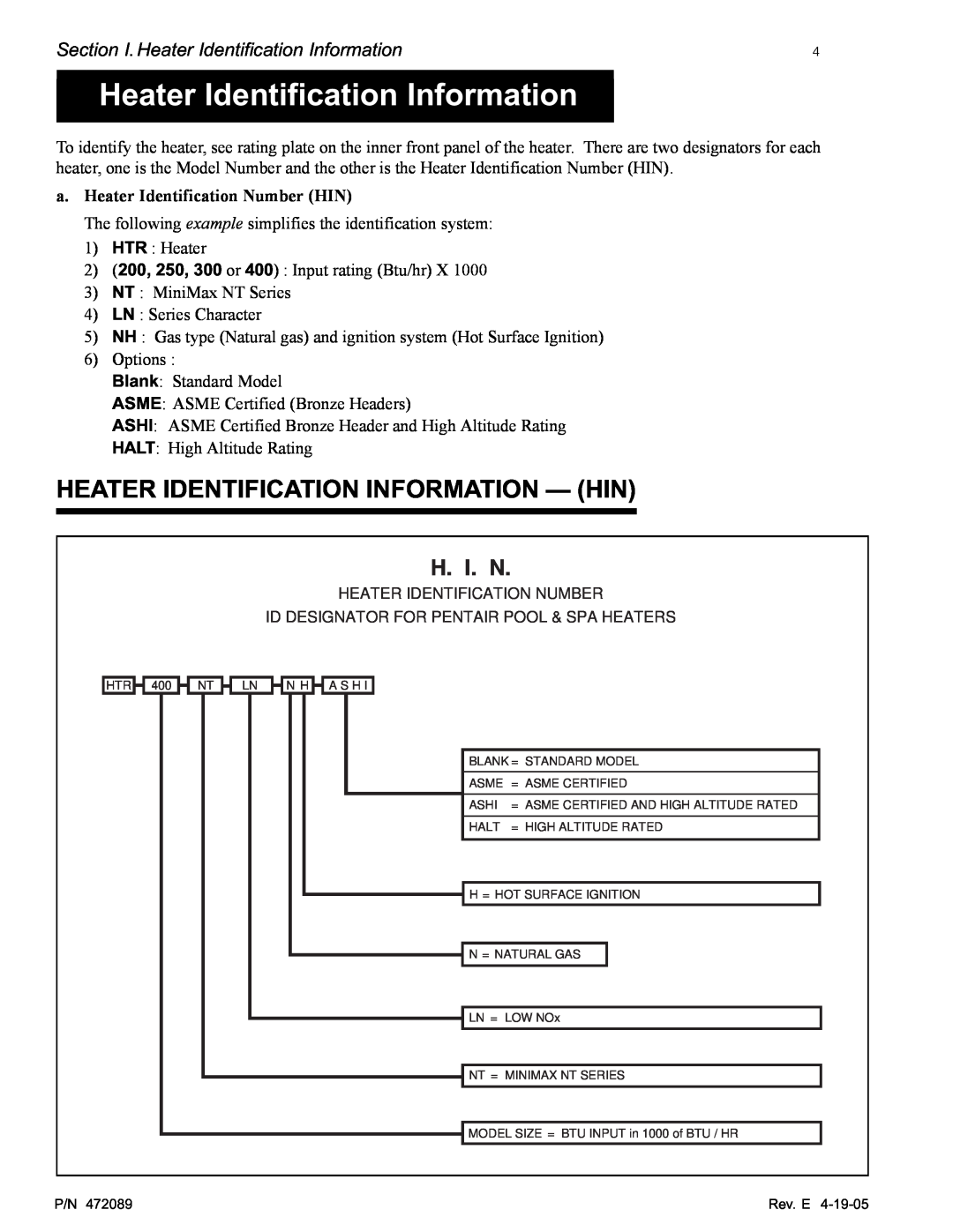 Pentair MiniMax NT LN Heater Identification Information - Hin, H. I. N, a.Heater Identification Number HIN 