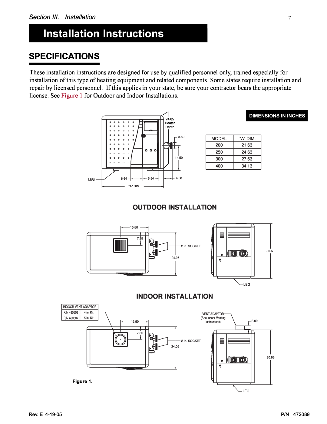 Pentair MiniMax NT LN Installation Instructions, Specifications, Outdoor Installation, Indoor Installation 