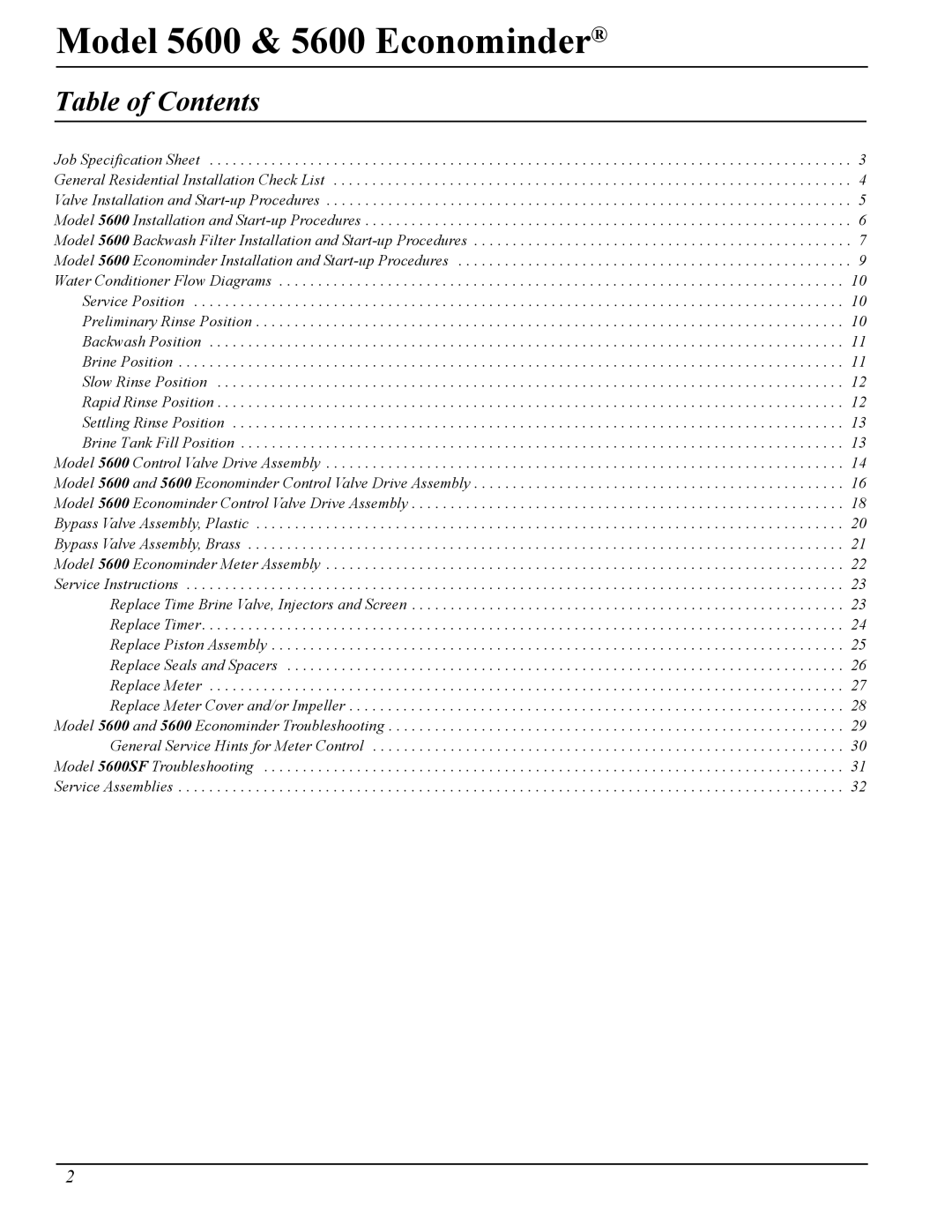 Pentair 40106 Rev. H 05/05, Model 5600 & 5600 Econominder manual Table of Contents 