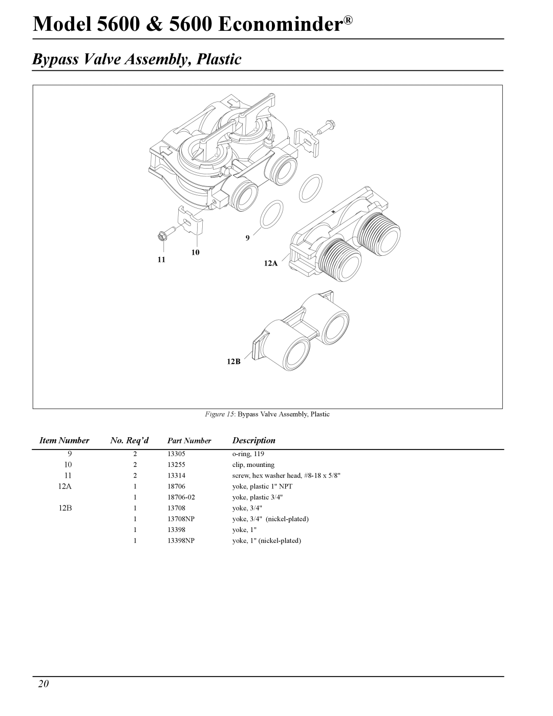 Pentair 40106 Rev. H 05/05, Model 5600 & 5600 Econominder manual Bypass Valve Assembly, Plastic 