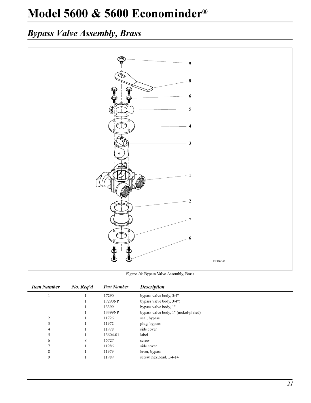 Pentair Model 5600 & 5600 Econominder, 40106 Rev. H 05/05 manual Bypass Valve Assembly, Brass 