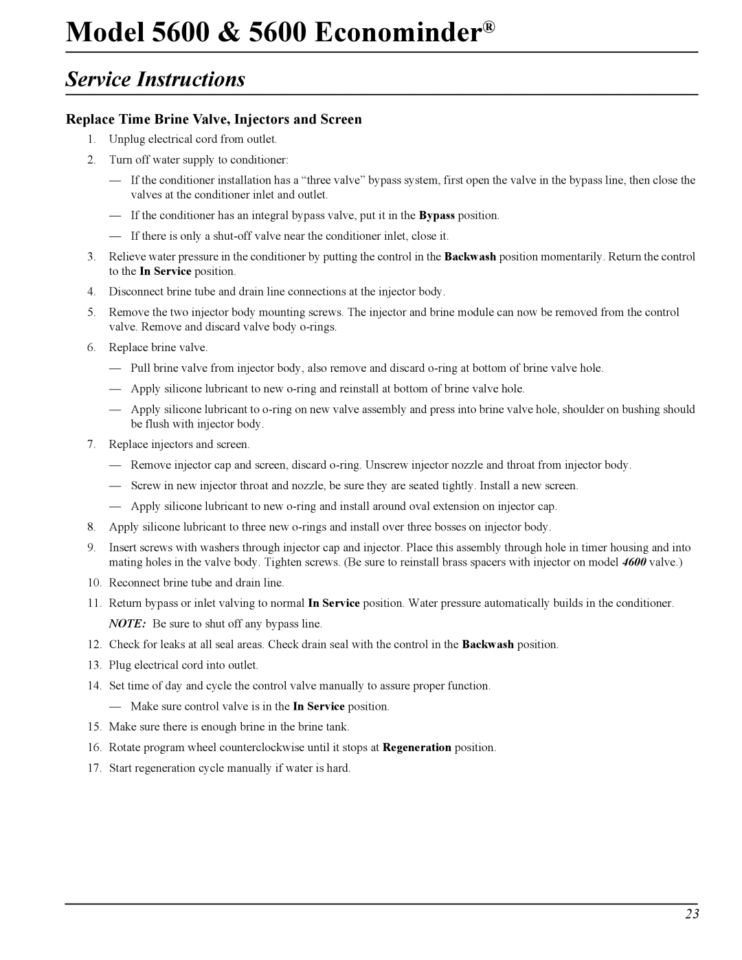 Pentair Model 5600 & 5600 Econominder manual Service Instructions, Replace Time Brine Valve, Injectors and Screen 