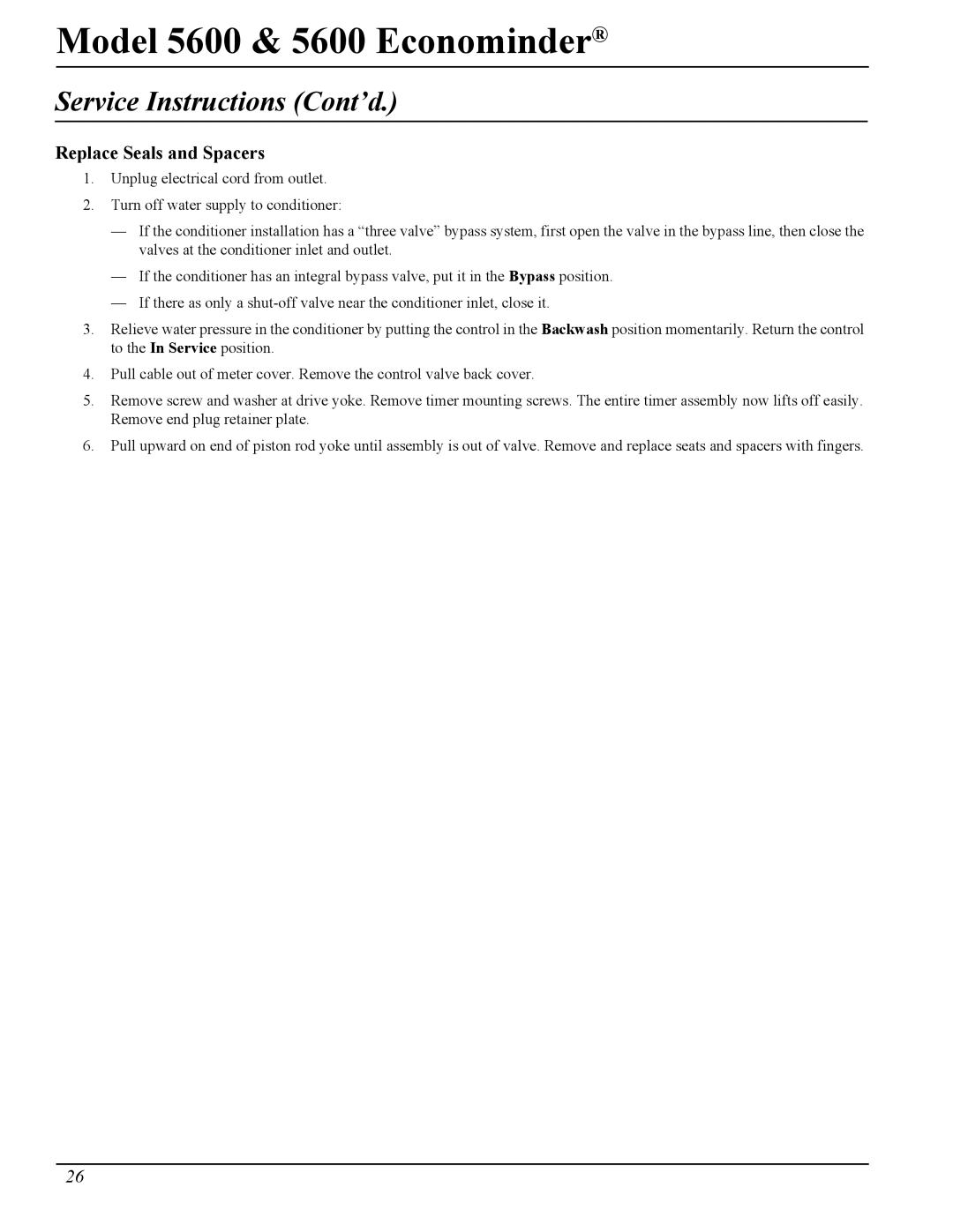 Pentair 40106 Rev. H 05/05, Model 5600 & 5600 Econominder manual Replace Seals and Spacers 