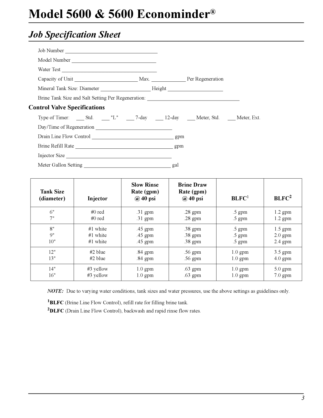 Pentair Model 5600 & 5600 Econominder, 40106 Rev. H 05/05 manual Job Specification Sheet, Control Valve Specifications 