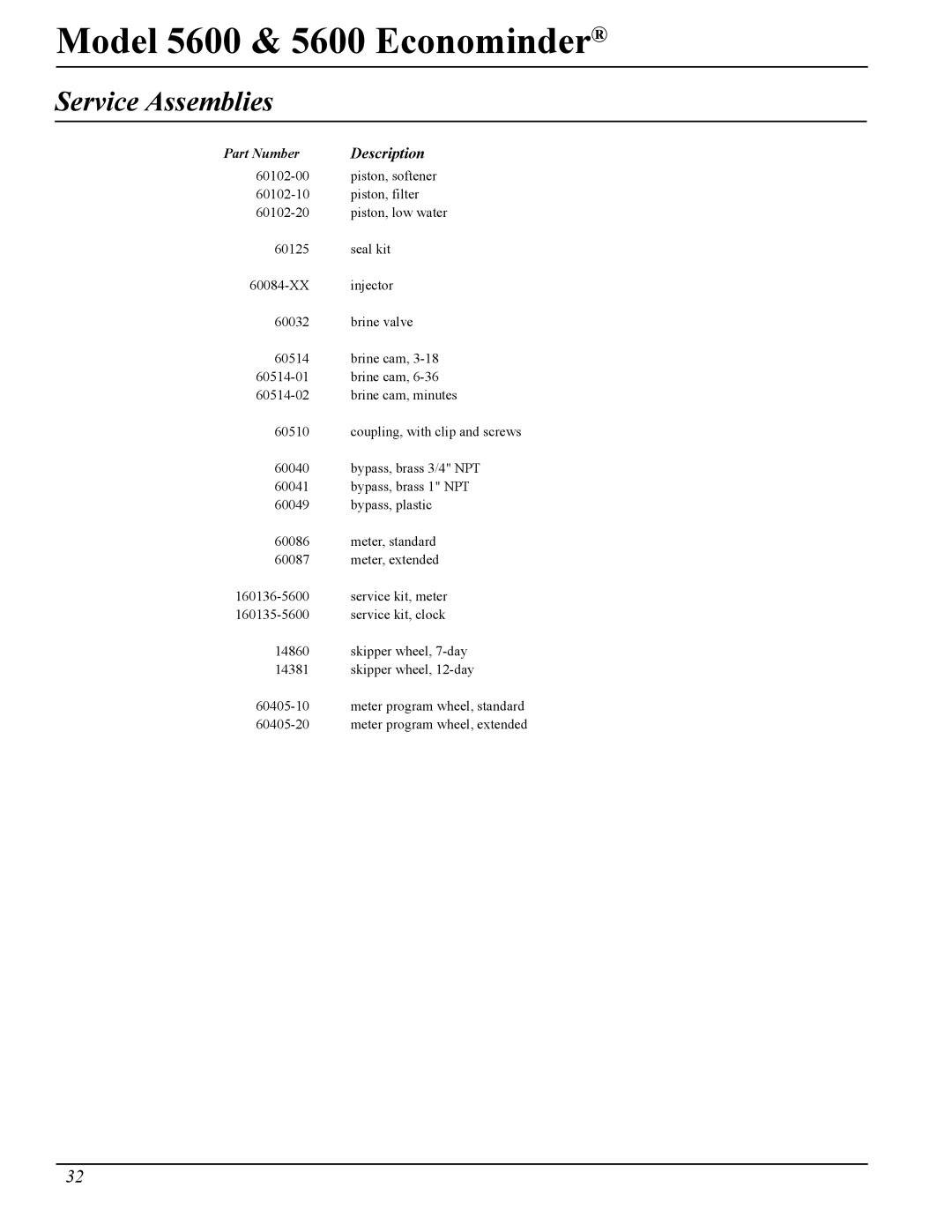 Pentair 40106 Rev. H 05/05, Model 5600 & 5600 Econominder manual Service Assemblies 