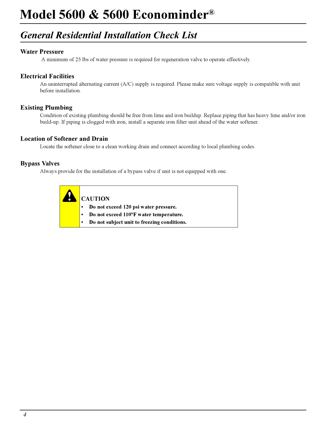 Pentair 40106 Rev. H 05/05, Model 5600 & 5600 Econominder manual General Residential Installation Check List 