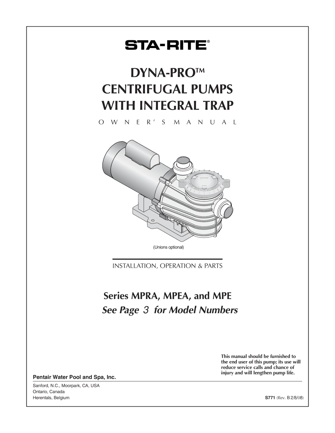 Pentair MPEA, MPRA owner manual DYNA-PROTM Centrifugal Pumps With Integral Trap 