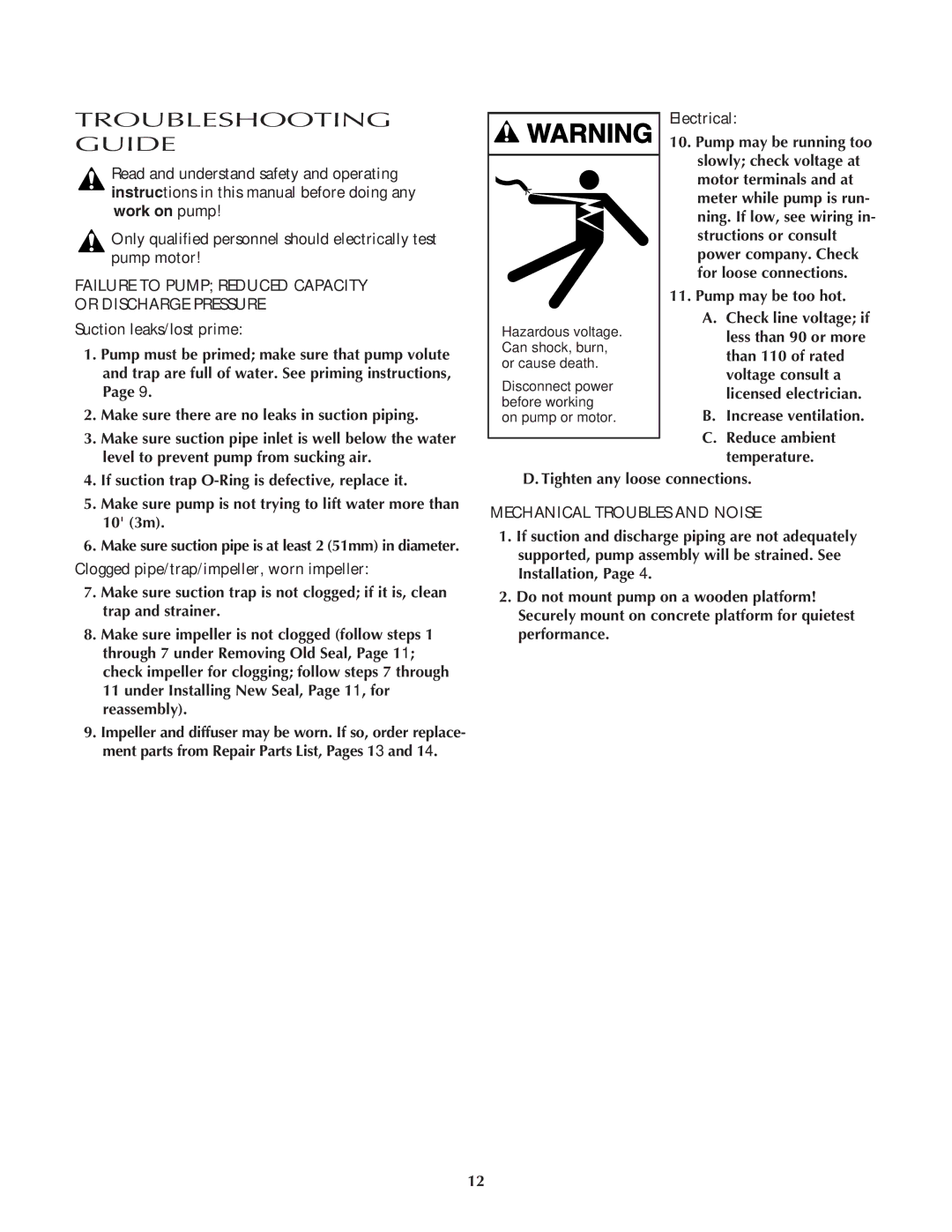 Pentair MPEA Troubleshooting Guide, Suction leaks/lost prime, Electrical, Clogged pipe/trap/impeller, worn impeller 