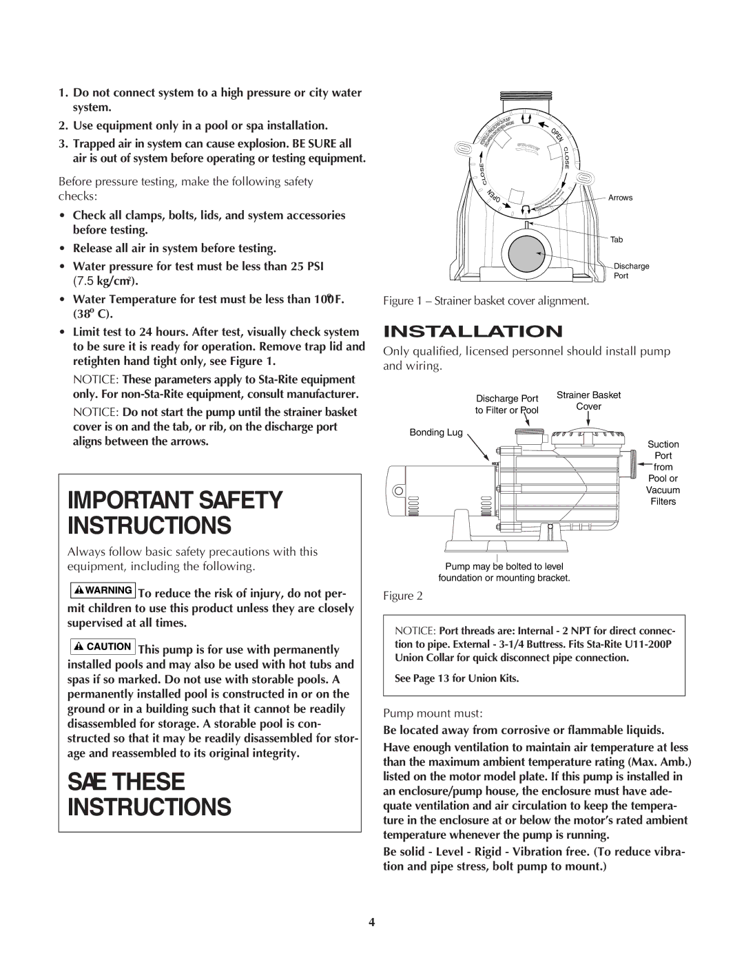 Pentair MPEA, MPRA owner manual Installation, Before pressure testing, make the following safety checks, Pump mount must 