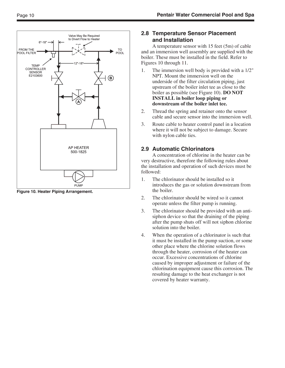 Pentair MT Sizes 500 important safety instructions Temperature Sensor Placement and Installation, Automatic Chlorinators 