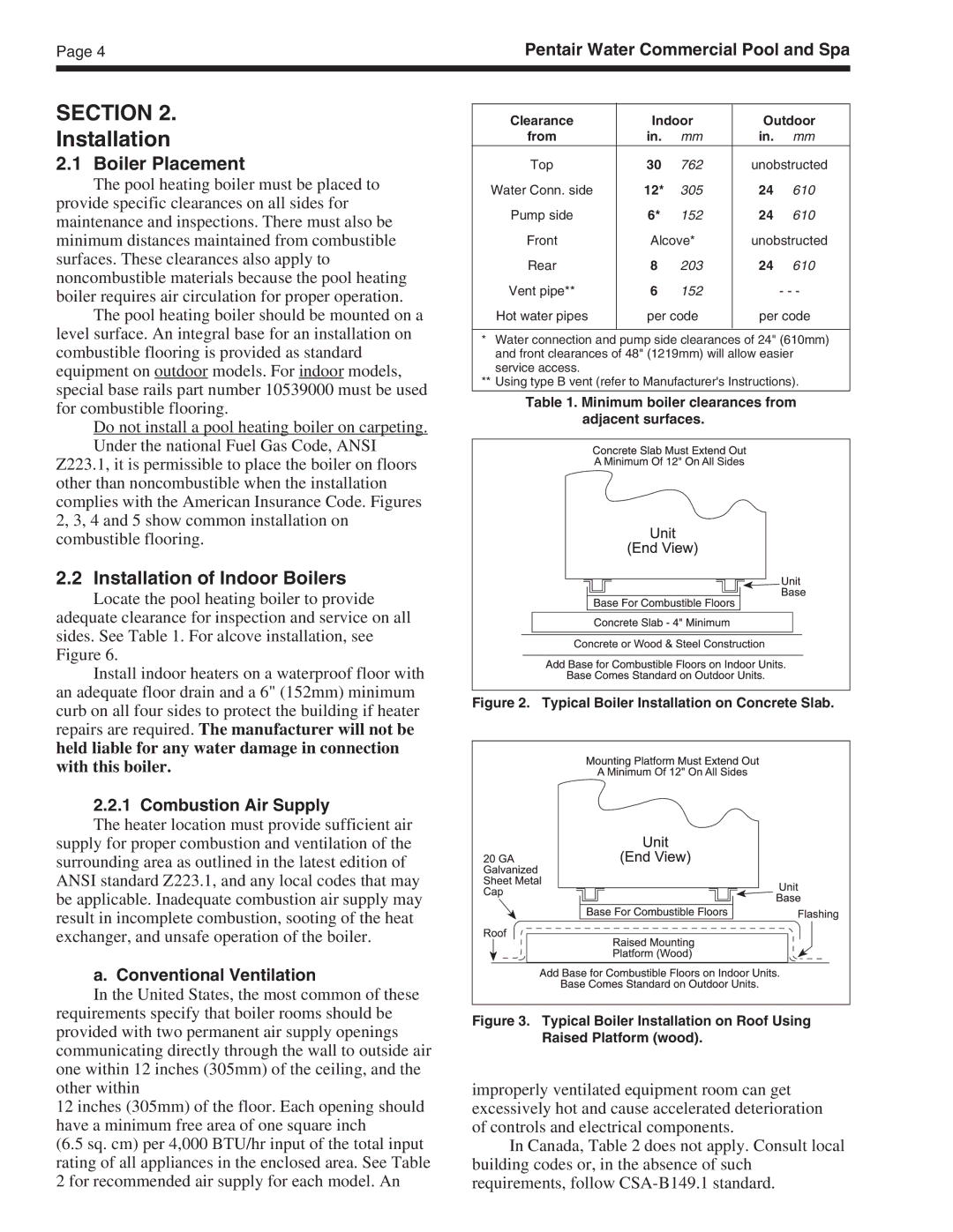 Pentair MT Sizes 500 important safety instructions Boiler Placement, Installation of Indoor Boilers 