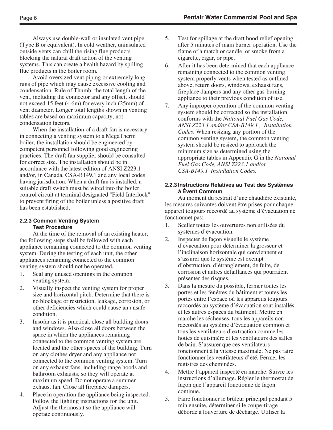 Pentair MT Sizes 500 important safety instructions Common Venting System Test Procedure 