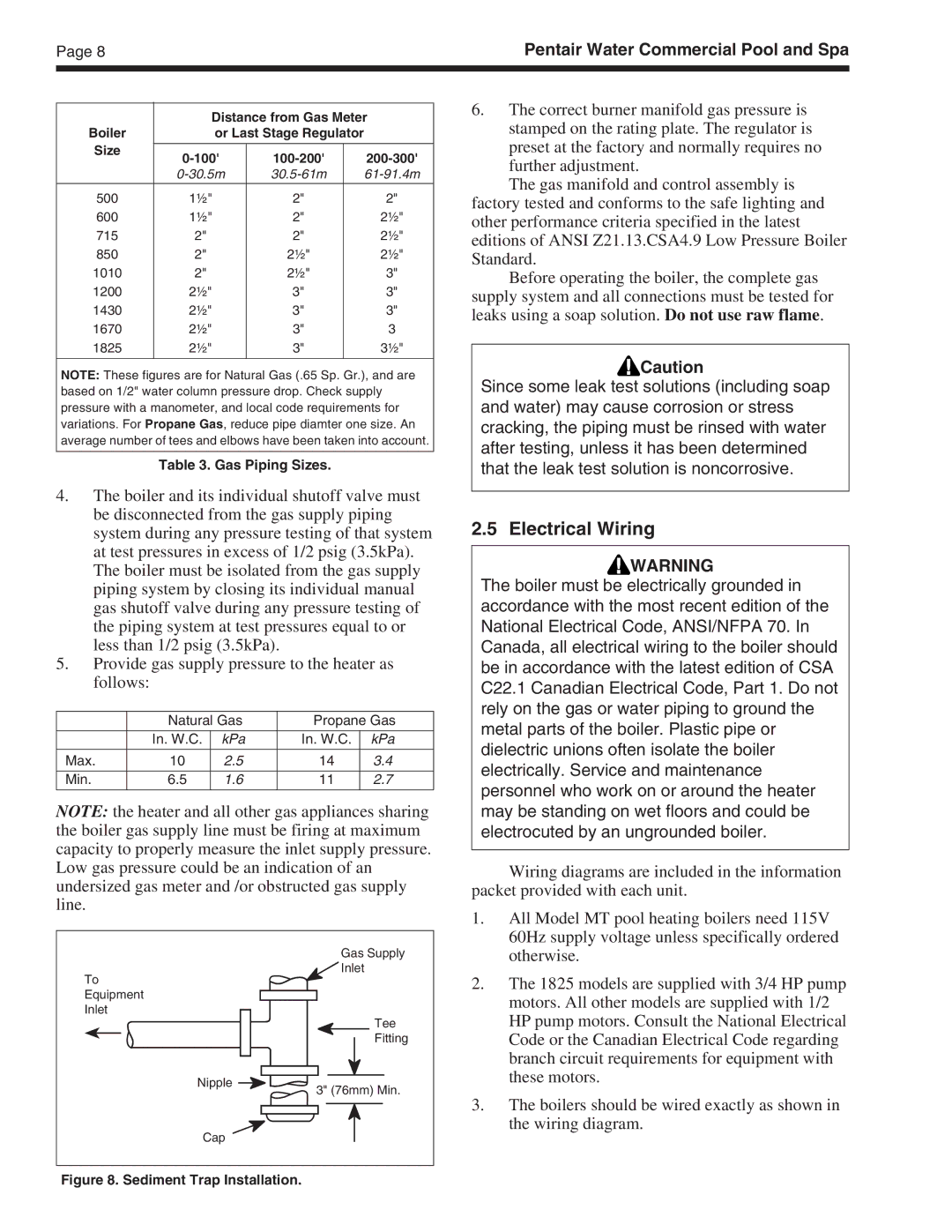 Pentair MT Sizes 500 important safety instructions Electrical Wiring, Gas Piping Sizes 