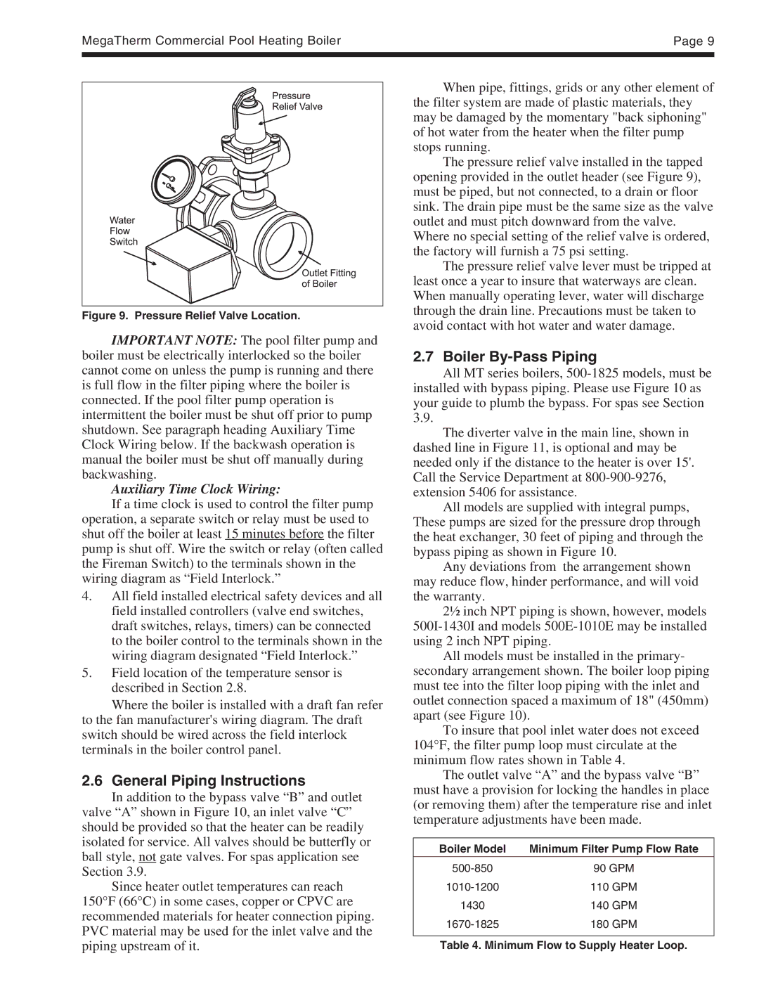 Pentair MT Sizes 500 General Piping Instructions, Boiler By-Pass Piping, Boiler Model Minimum Filter Pump Flow Rate 