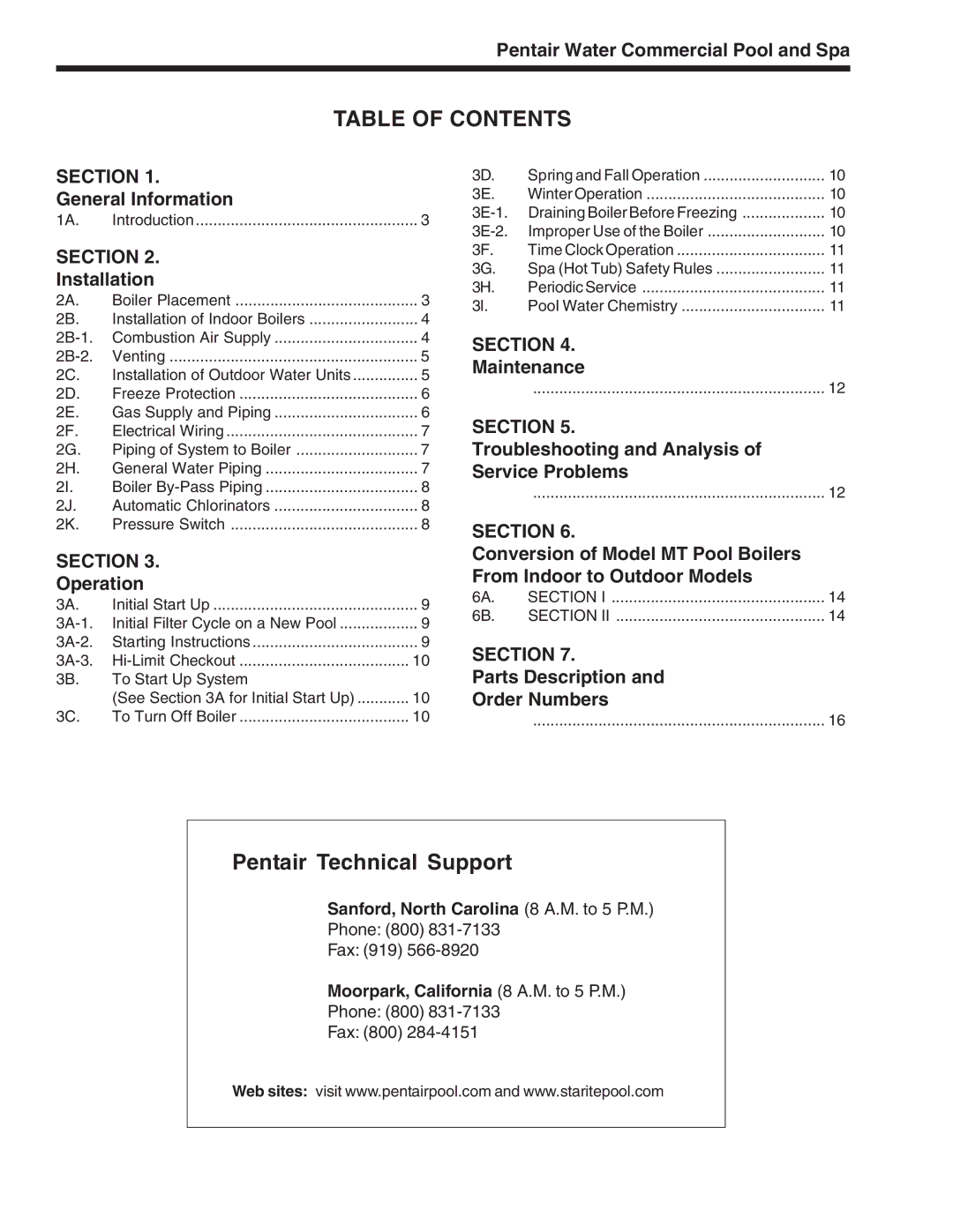 Pentair MT warranty Table of Contents 