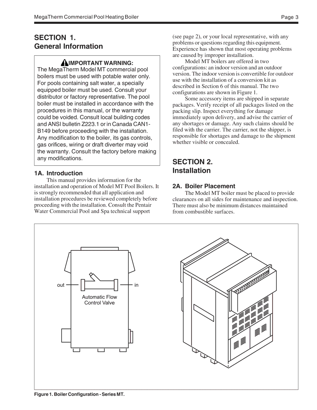 Pentair MT warranty General Information, Installation, 1A. Introduction, 2A. Boiler Placement 