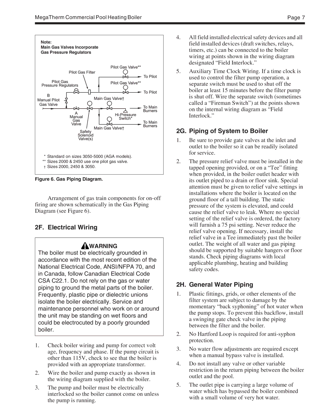 Pentair MT warranty 2F. Electrical Wiring, 2G. Piping of System to Boiler, 2H. General Water Piping 