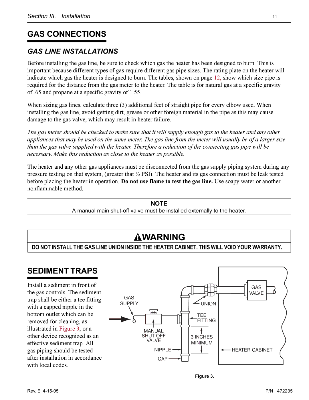 Pentair NT Series installation manual GAS Connections, Sediment Traps, GAS Line Installations 