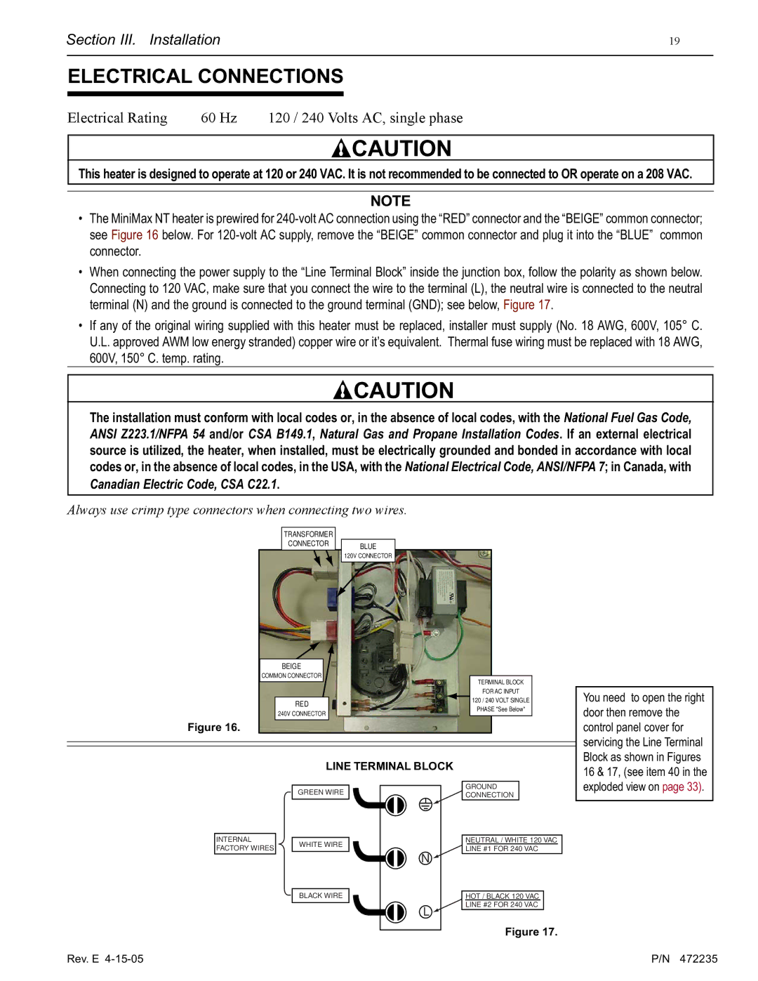 Pentair NT Series installation manual Electrical Connections, Electrical Rating 60 Hz 120 / 240 Volts AC, single phase 