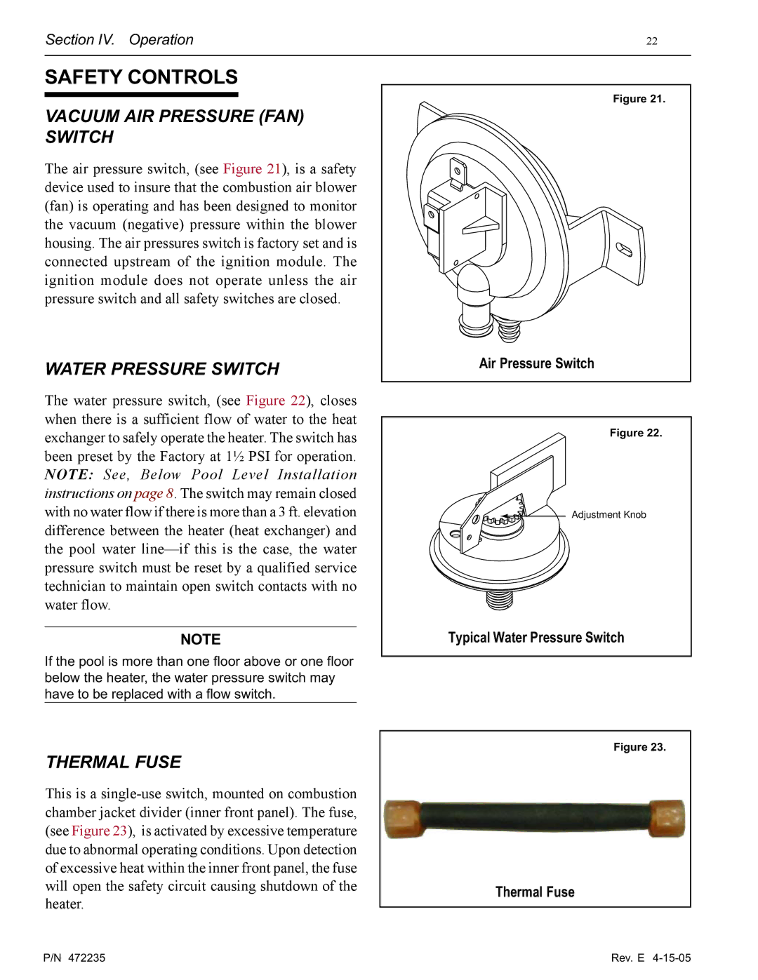 Pentair NT Series installation manual Safety Controls, Vacuum AIR Pressure FAN Switch, Water Pressure Switch, Thermal Fuse 