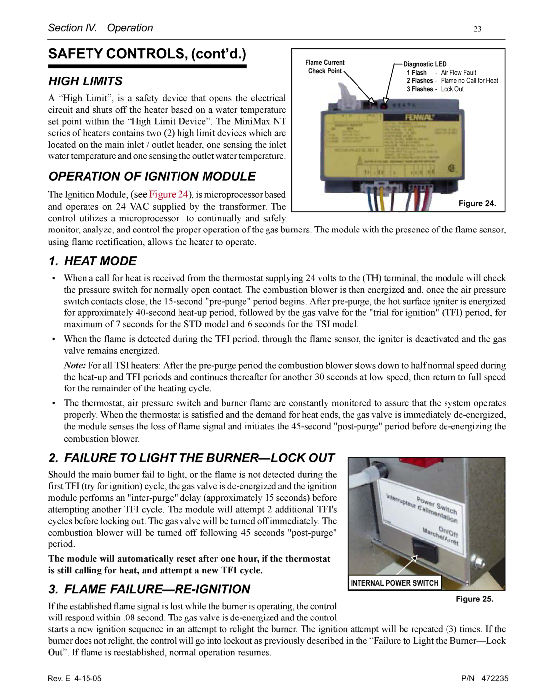 Pentair NT Series High Limits, Operation of Ignition Module, Heat Mode, Failure to Light the BURNER-LOCK OUT 