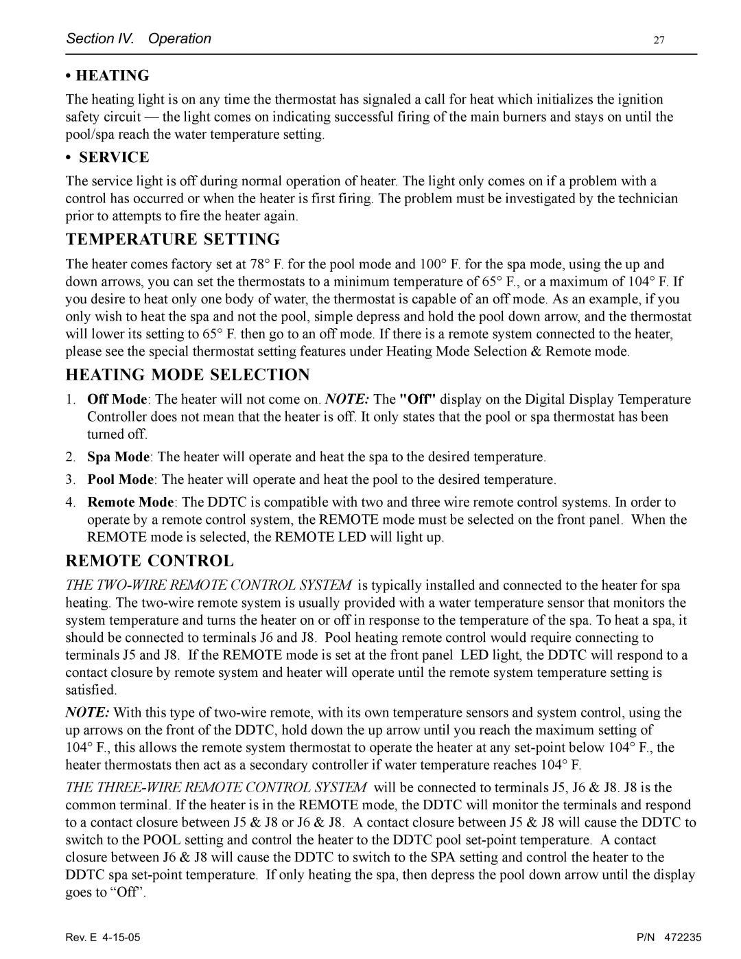 Pentair NT Series installation manual Temperature Setting 