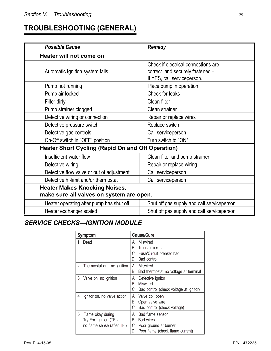 Pentair NT Series installation manual Troubleshooting General, Service CHECKS-IGNITION Module 