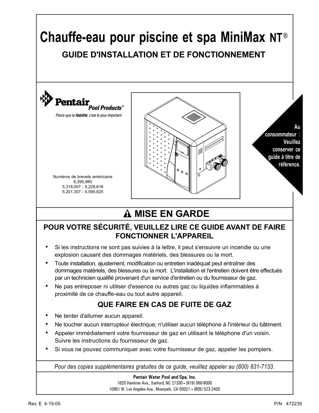 Pentair NT Series installation manual Chauffe-eau pour piscine et spa MiniMax NT, Guide Dinstallation ET DE Fonctionnement 