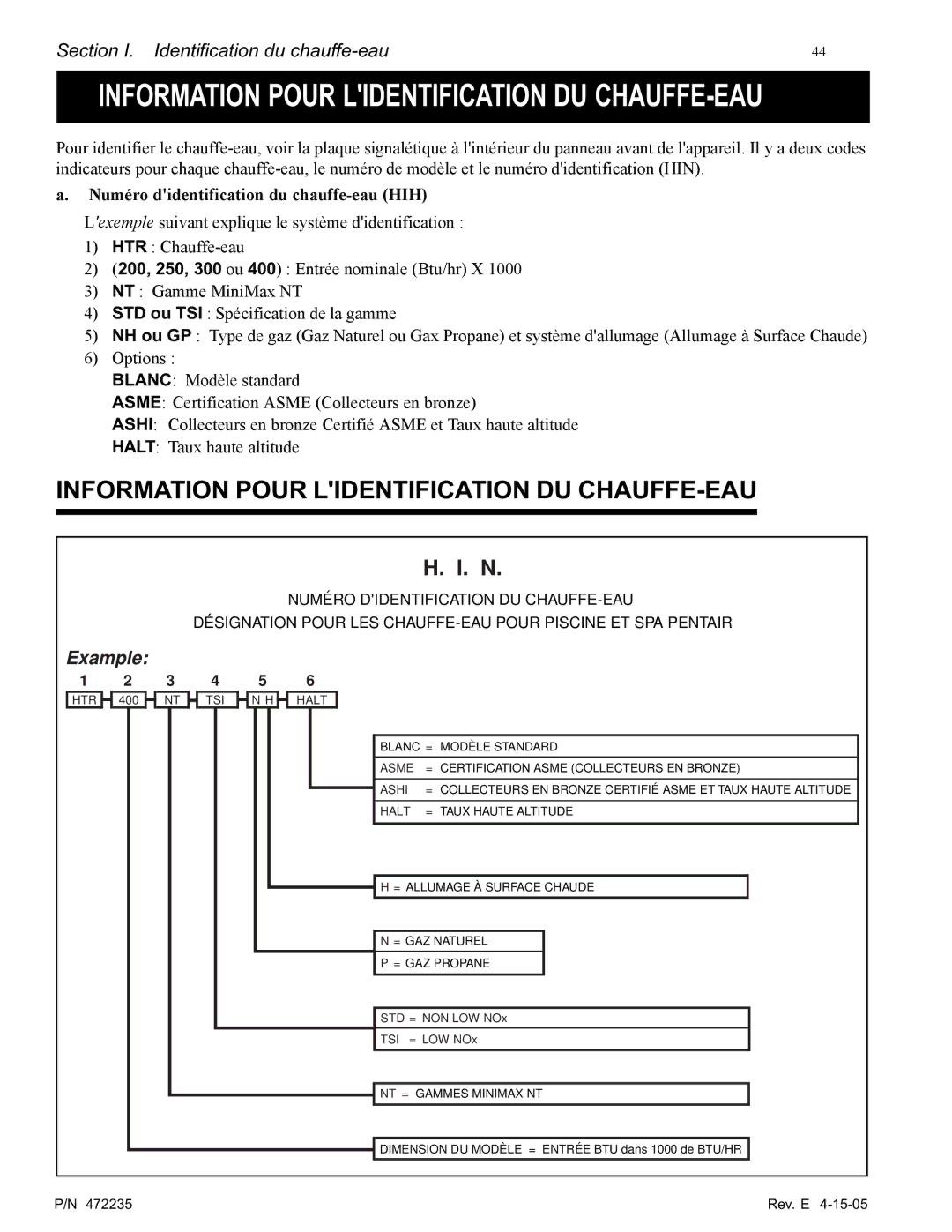 Pentair NT Series installation manual Information Pour Lidentification DU CHAUFFE-EAU 