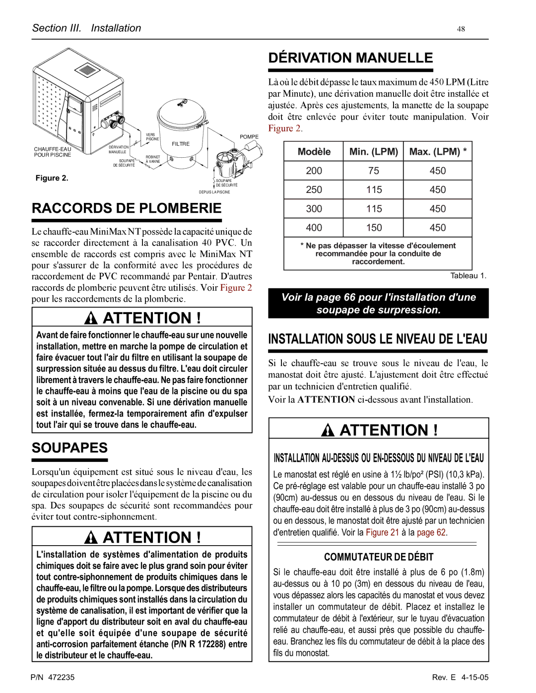 Pentair NT Series installation manual Raccords DE Plomberie, Soupapes, Dérivation Manuelle 