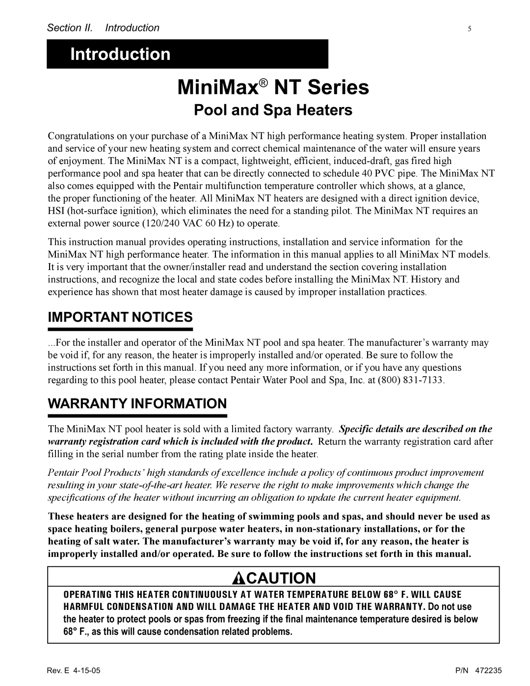 Pentair NT Series installation manual Important Notices, Warranty Information 