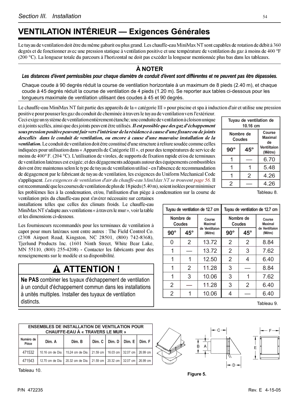 Pentair NT Series installation manual Ventilation Intérieur Exigences Générales 