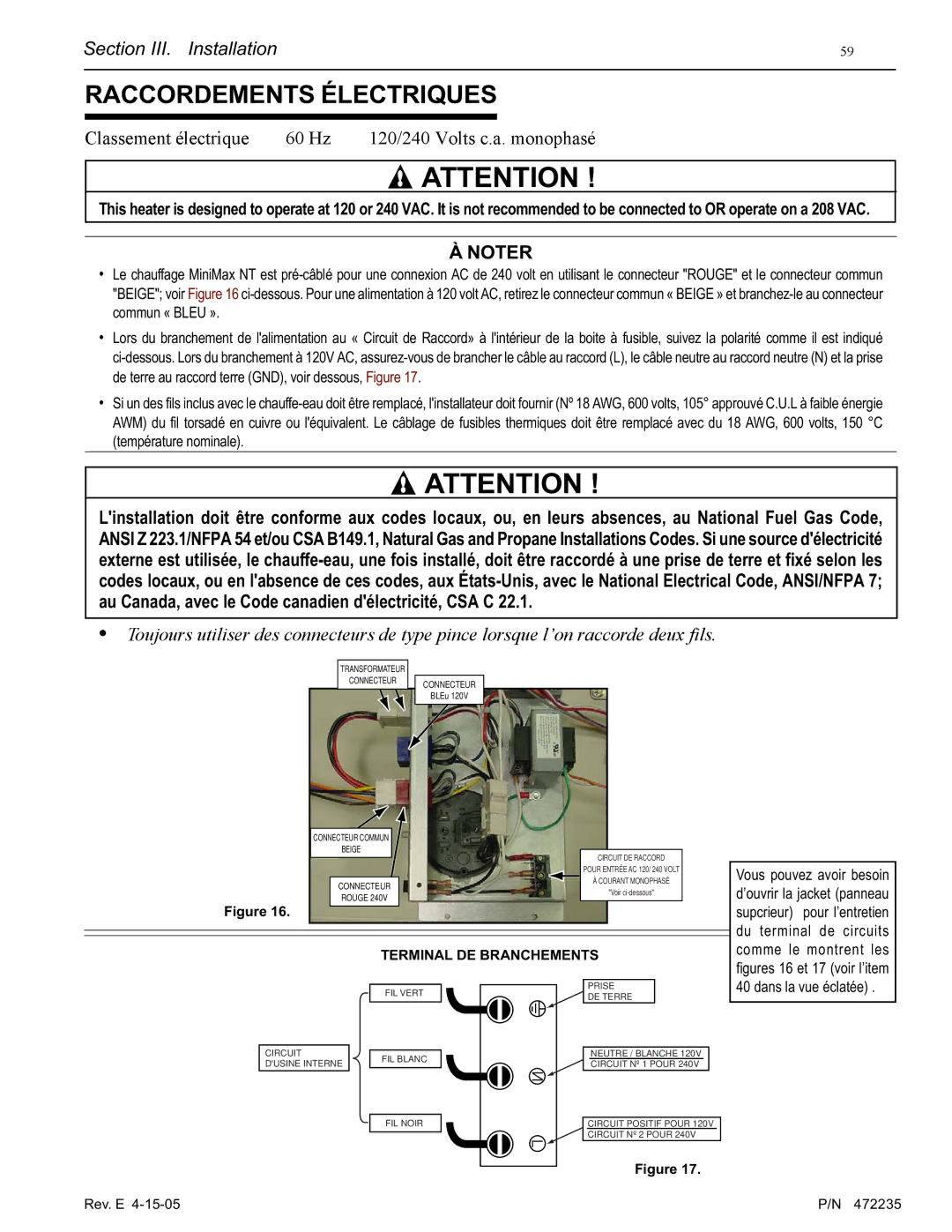 Pentair NT Series installation manual Raccordements Électriques, Classement électrique 60 Hz 120/240 Volts c.a. monophasé 