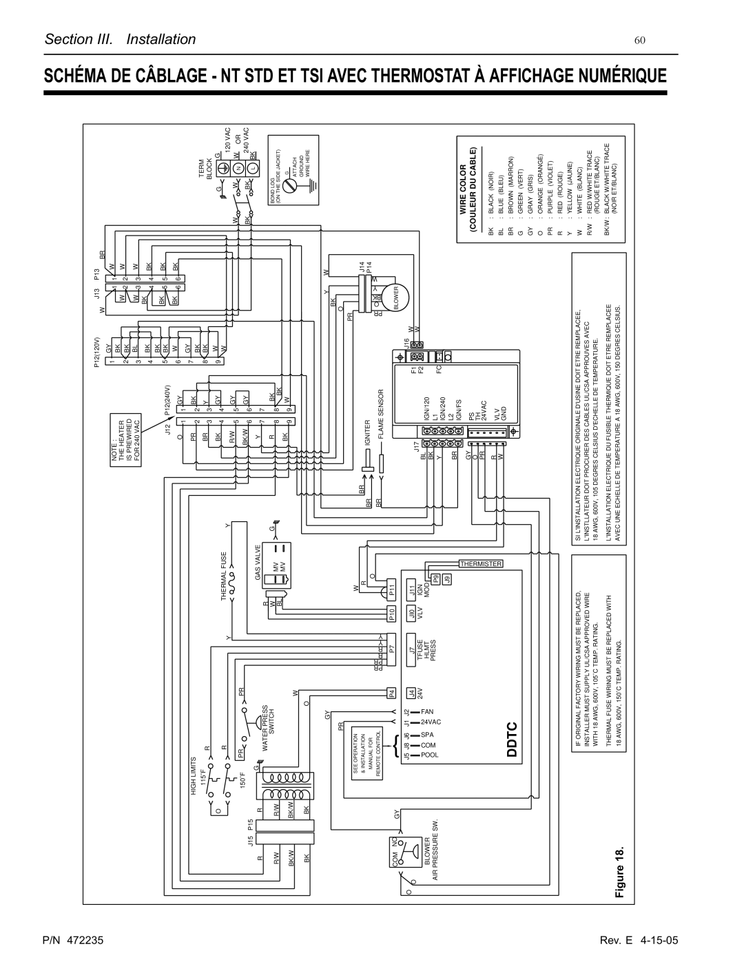 Pentair NT Series installation manual Wire Color Couleur DU Cable 