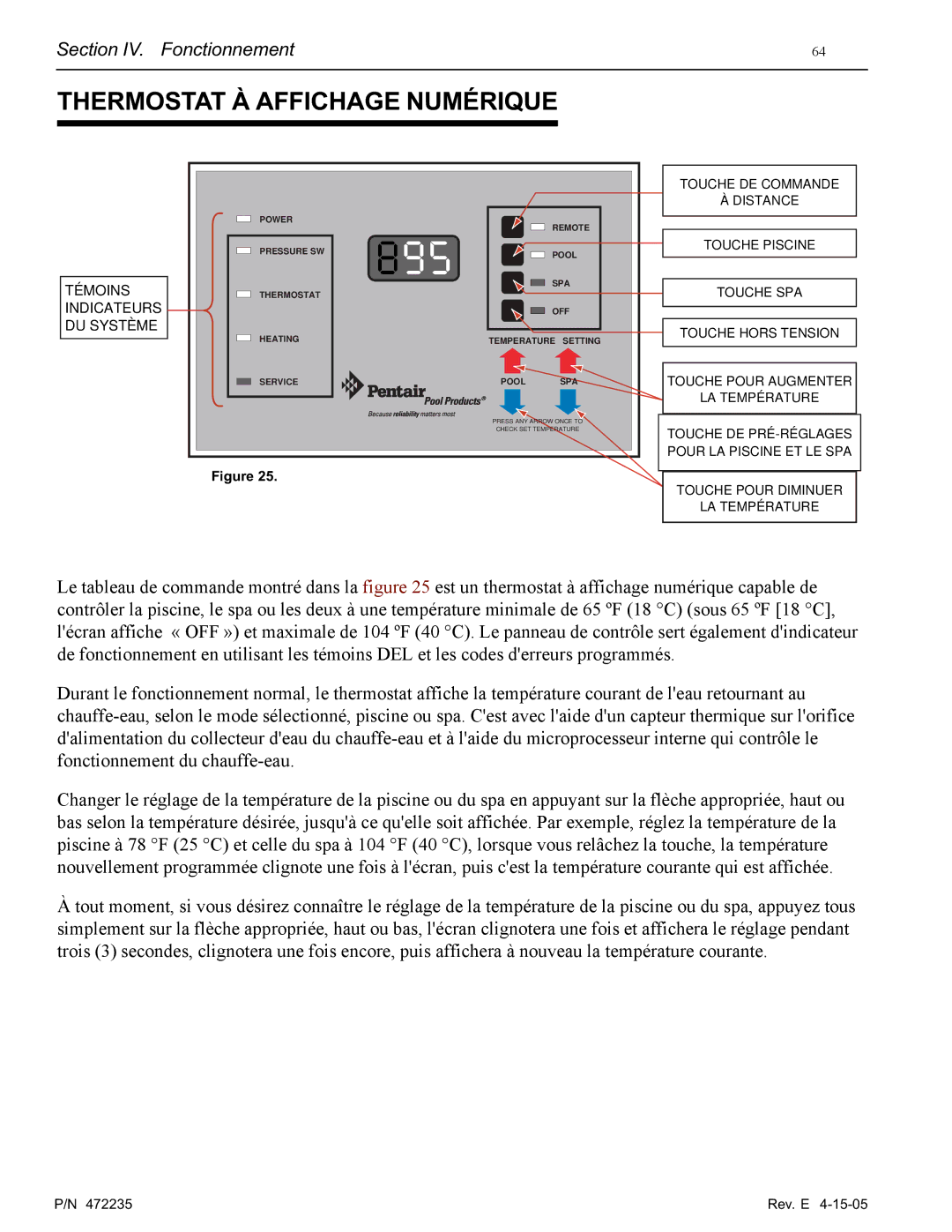 Pentair NT Series installation manual Thermostat À Affichage Numérique, Témoins Indicateurs DU Système 