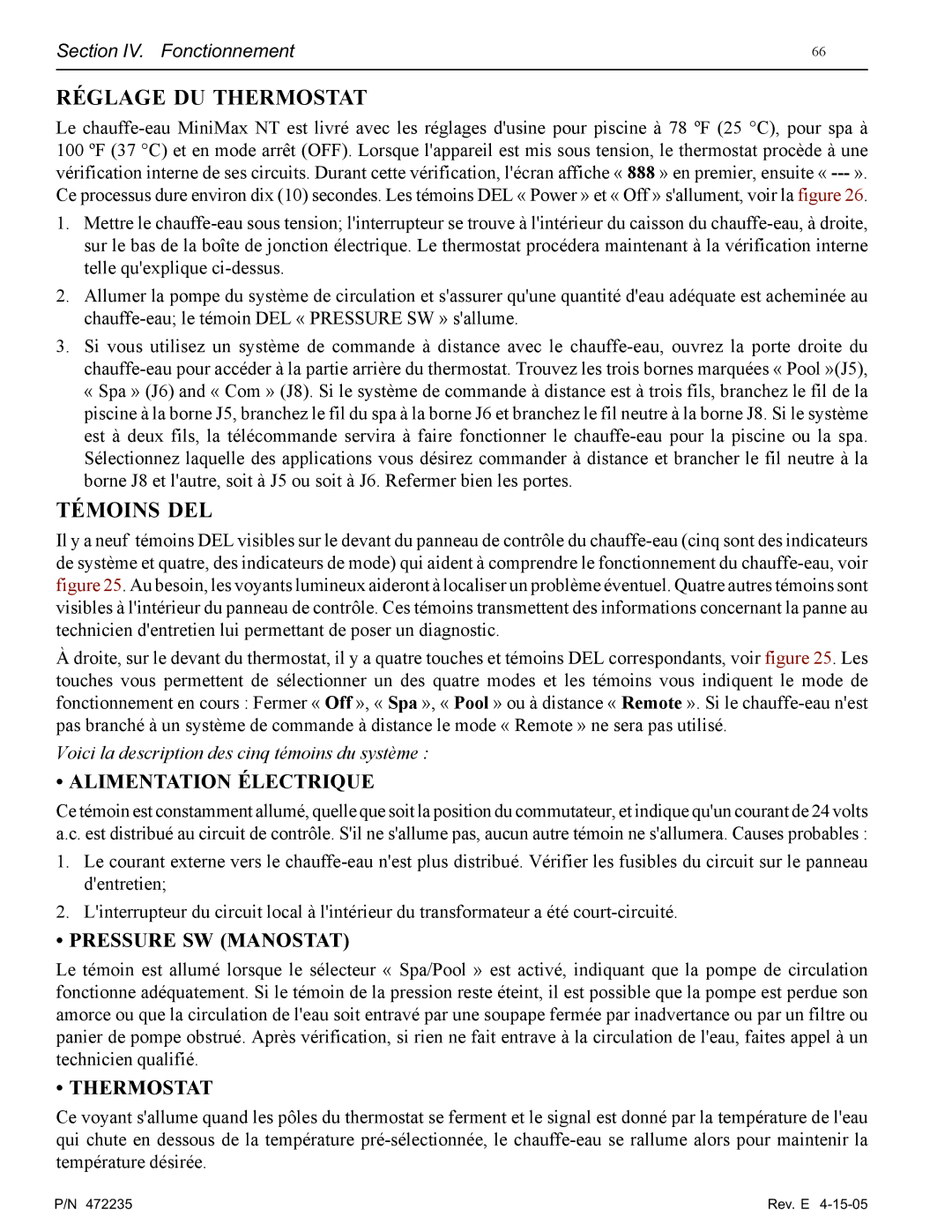 Pentair NT Series installation manual Réglage DU Thermostat 