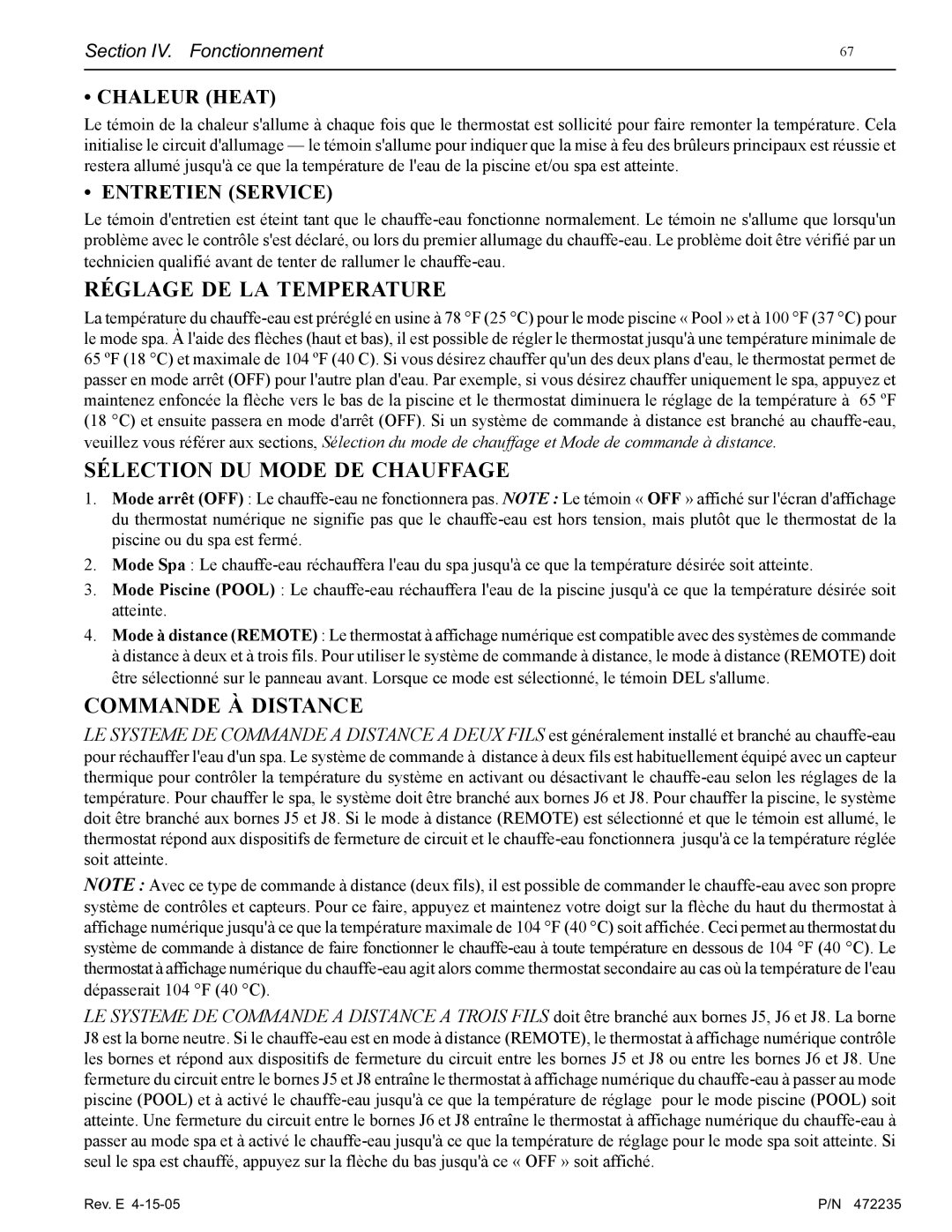 Pentair NT Series installation manual Réglage DE LA Temperature 