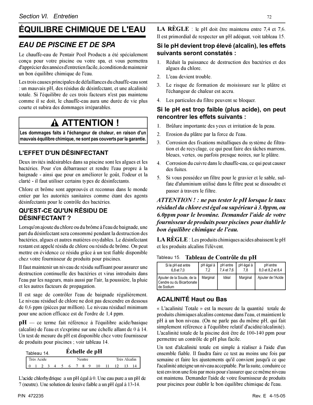 Pentair NT Series installation manual Équilibre Chimique DE Leau, EAU DE Piscine ET DE SPA 