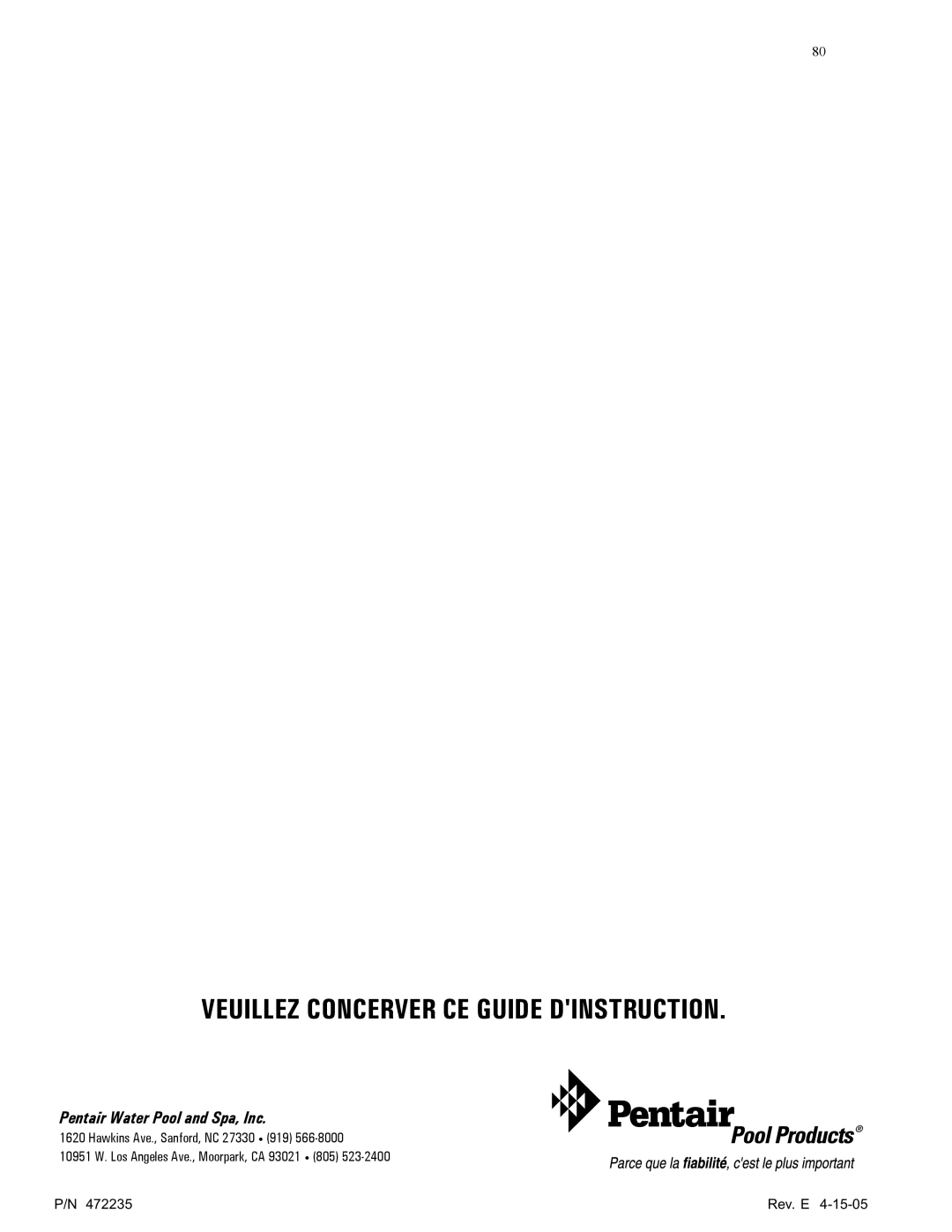 Pentair NT Series installation manual Veuillez Concerver CE Guide Dinstruction 