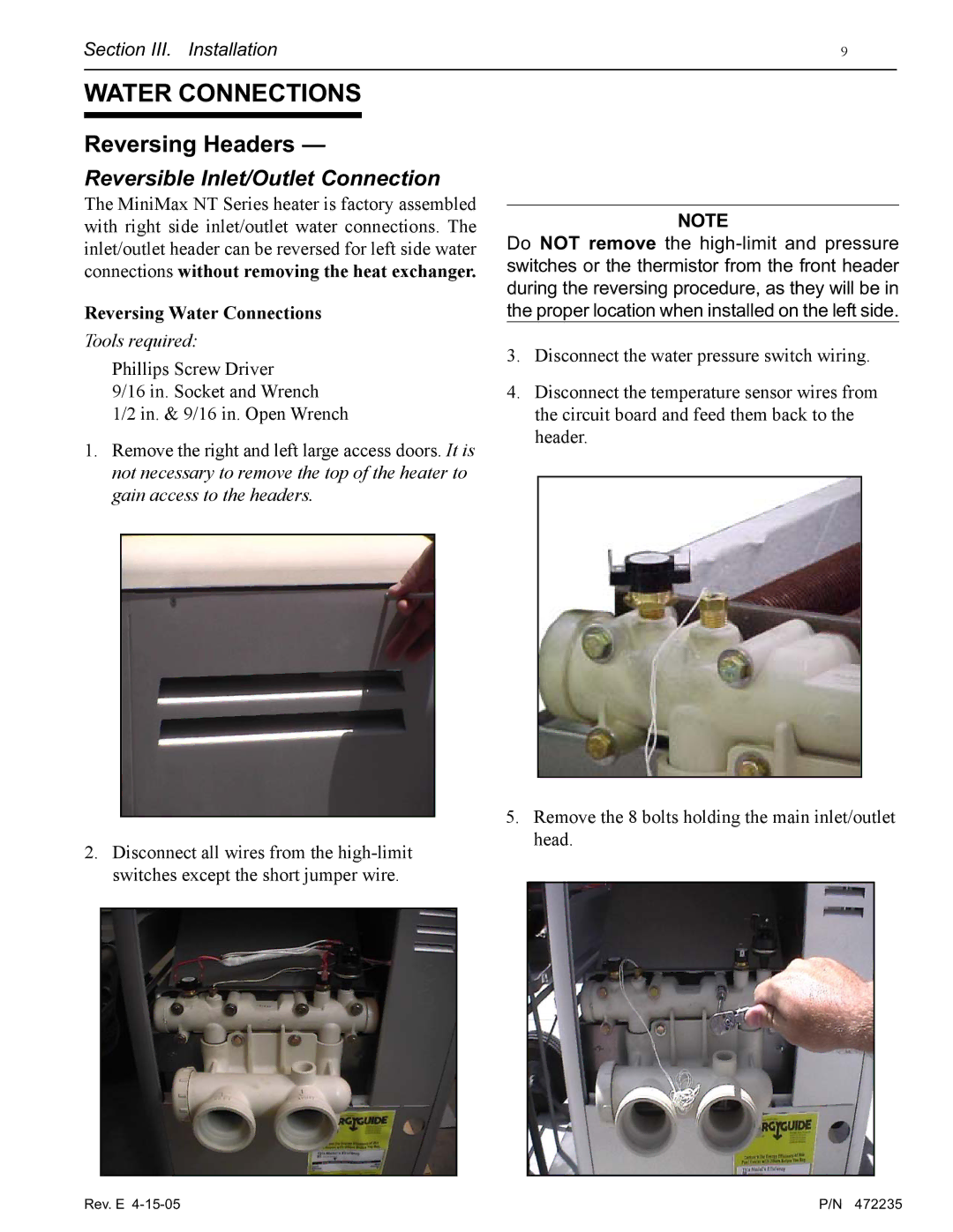 Pentair NT Series installation manual Water Connections, Reversing Headers 