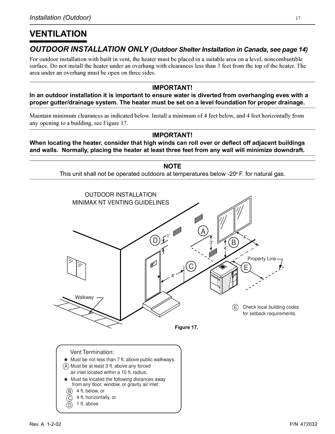 Pentair NT Standard Series installation manual Ventilation, Installation Outdoor 