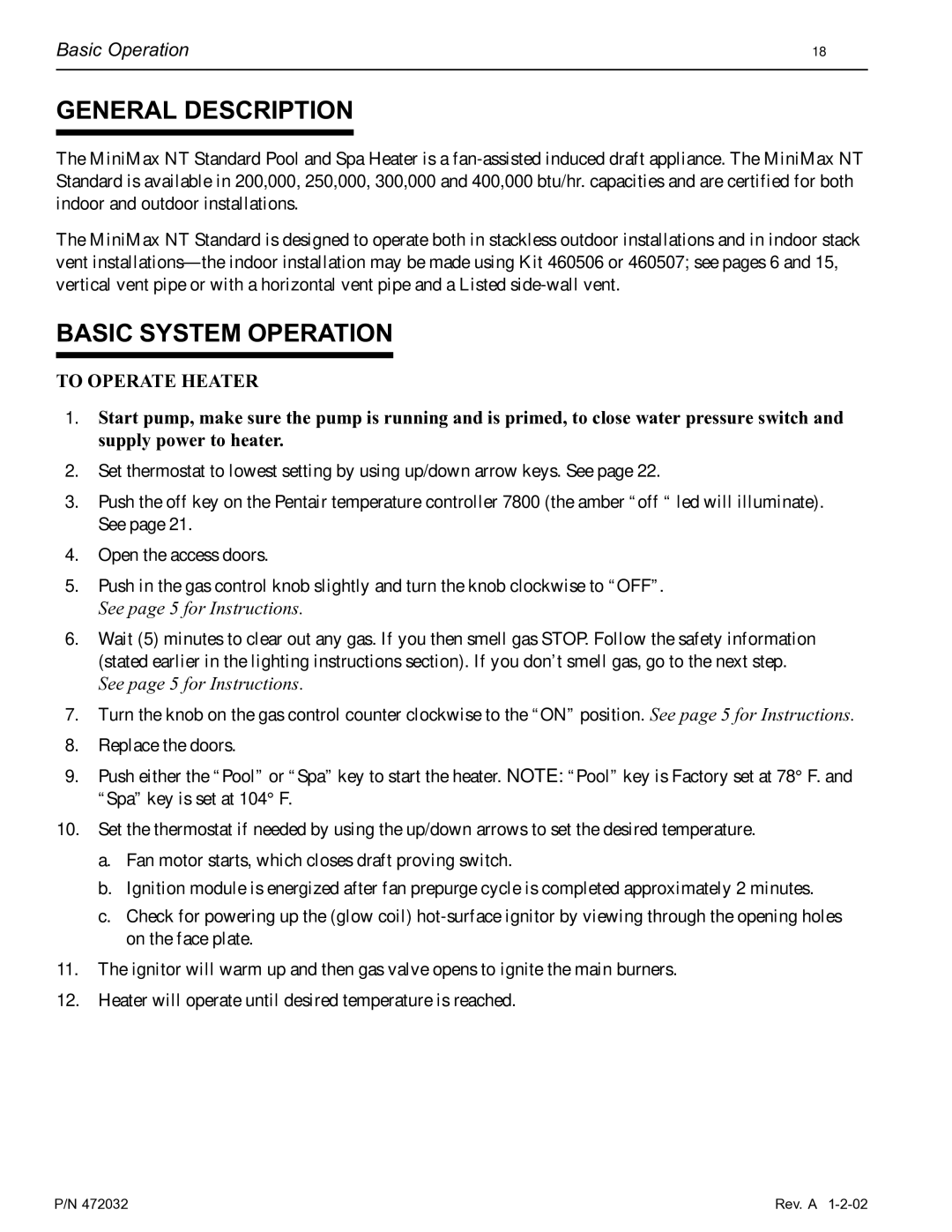 Pentair NT Standard Series installation manual General Description, Basic System Operation, Basic Operation 