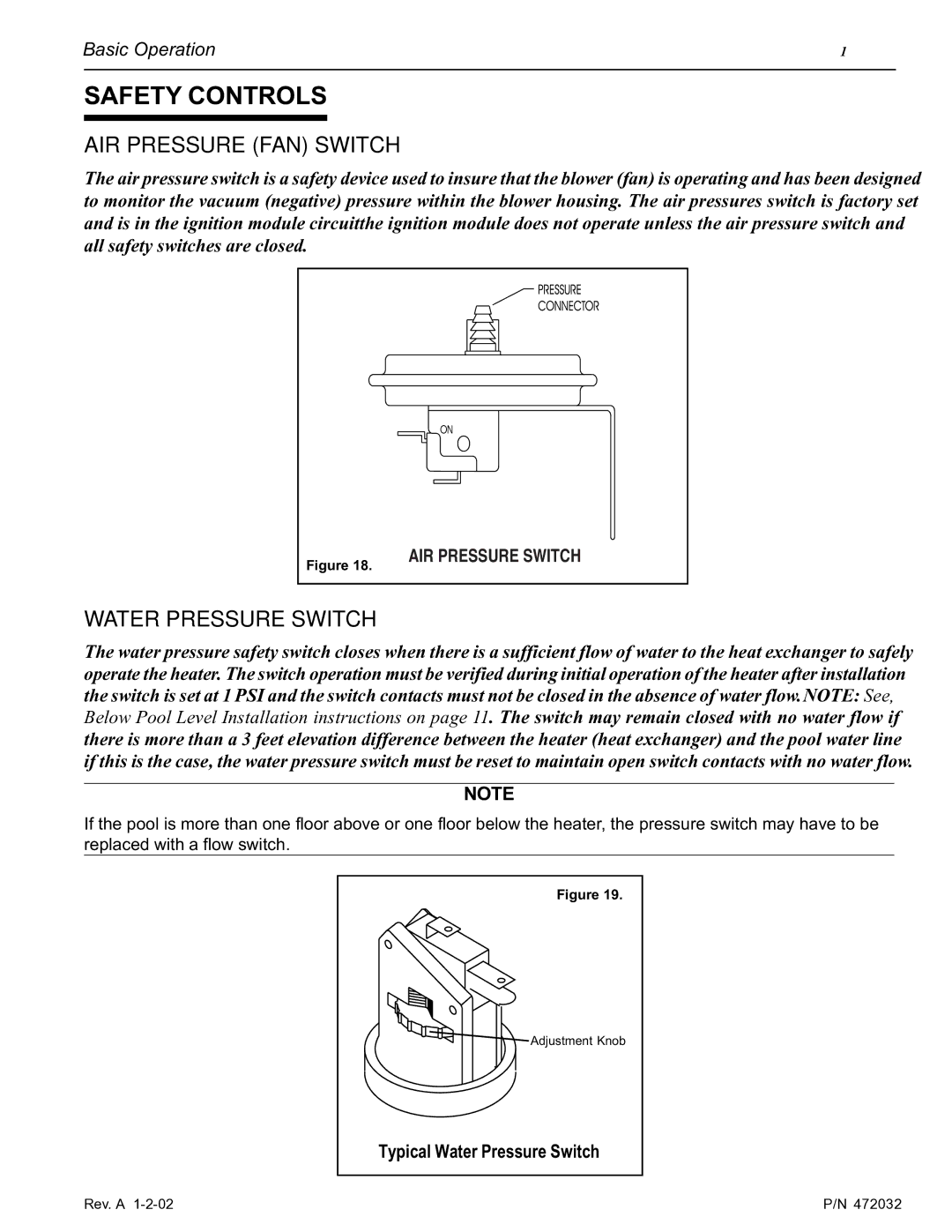 Pentair NT Standard Series installation manual Safety Controls, AIR Pressure FAN Switch, Typical Water Pressure Switch 