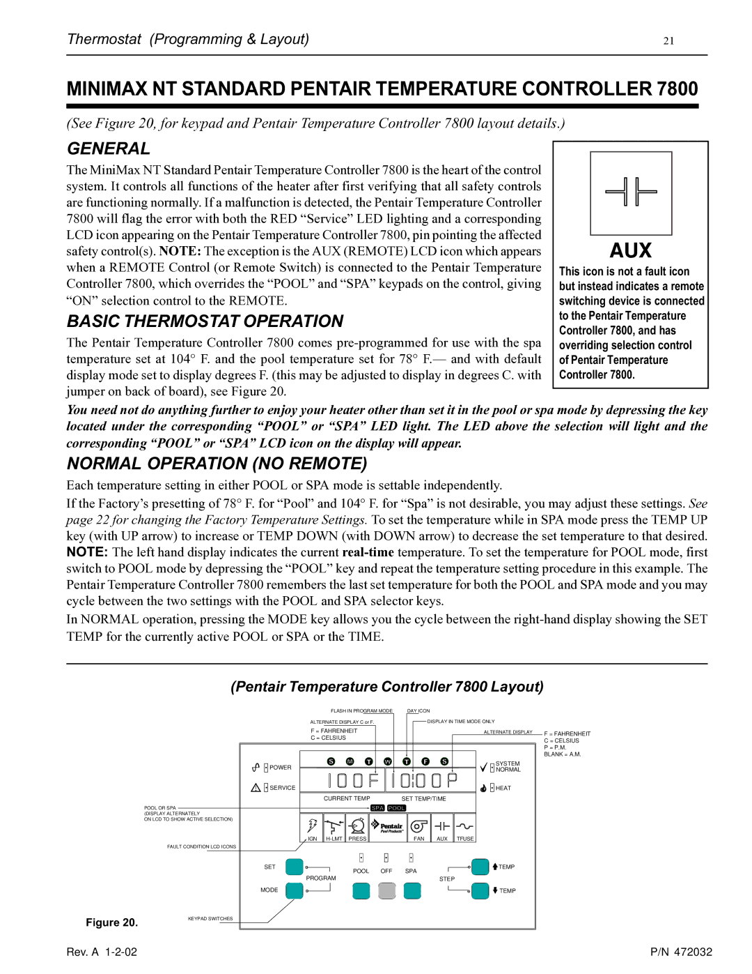 Pentair NT Standard Series Minimax NT Standard Pentair Temperature Controller, General, Basic Thermostat Operation 