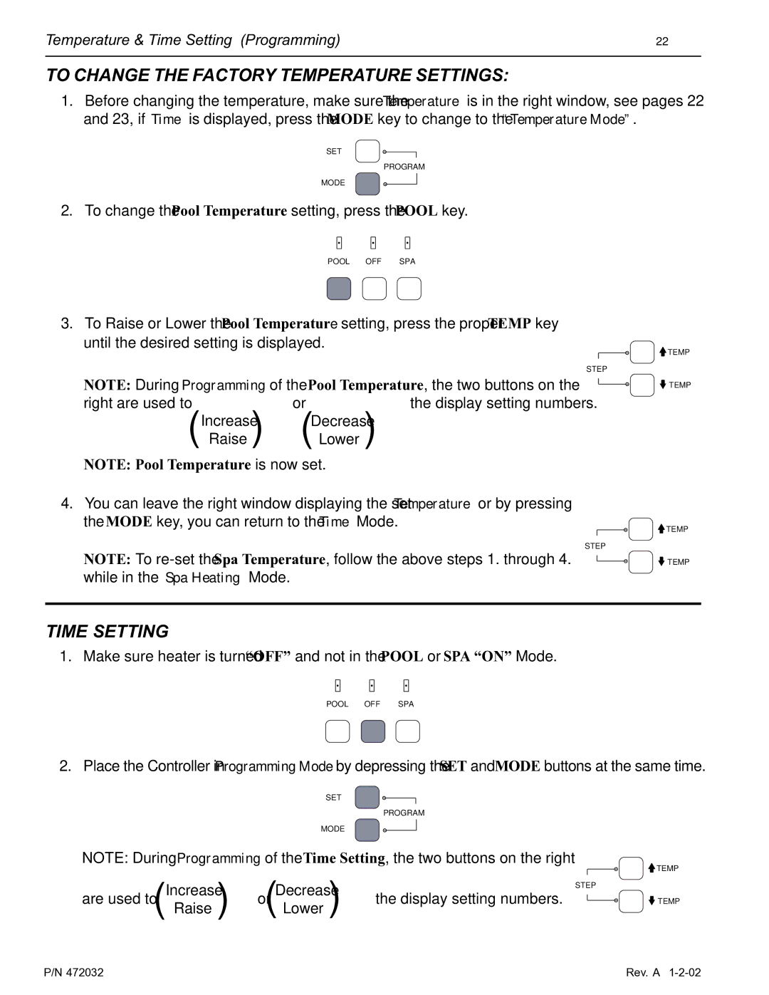 Pentair NT Standard Series installation manual To Change the Factory Temperature Settings, Time Setting 