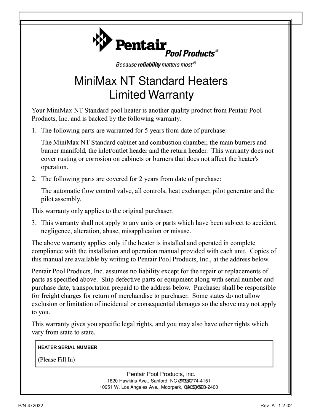 Pentair NT Standard Series installation manual MiniMax NT Standard Heaters Limited Warranty 