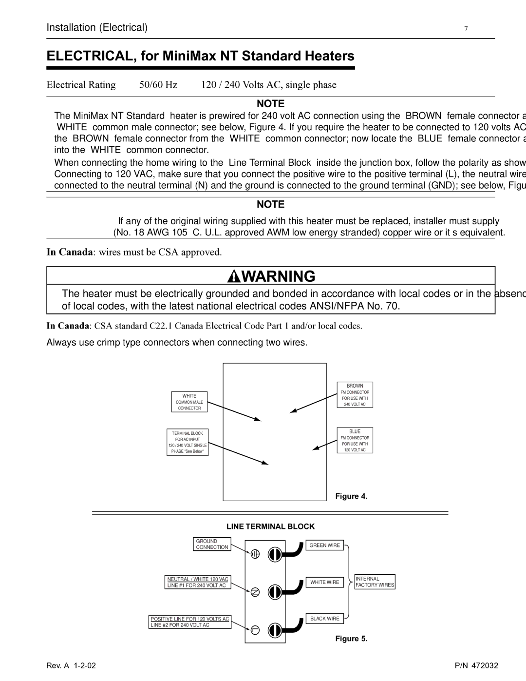 Pentair NT Standard Series installation manual ELECTRICAL, for MiniMax NT Standard Heaters, Installation Electrical 